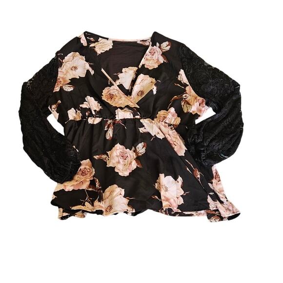SHEIN Tops - Shein Curve 4XL Black Floral Lace Sleeve Blouse Plus Size